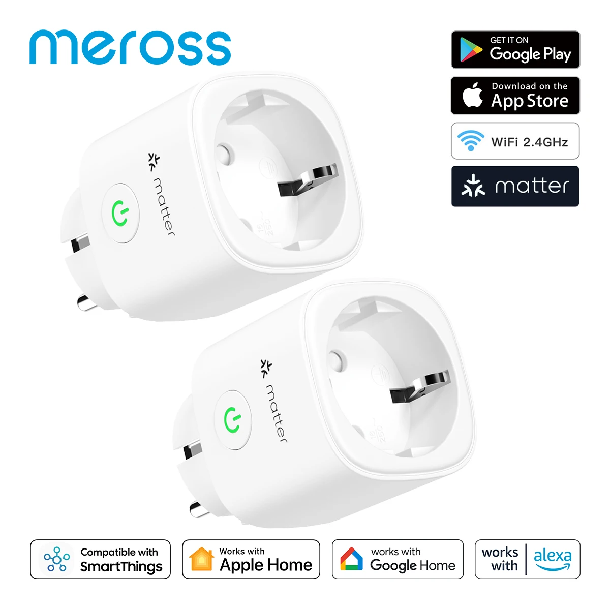 Meross 2 Pack 16A Matter Smart WiFi EU Plug with Energy Monitor Timer Function Support Apple Homekit Google Alexa Smartthings