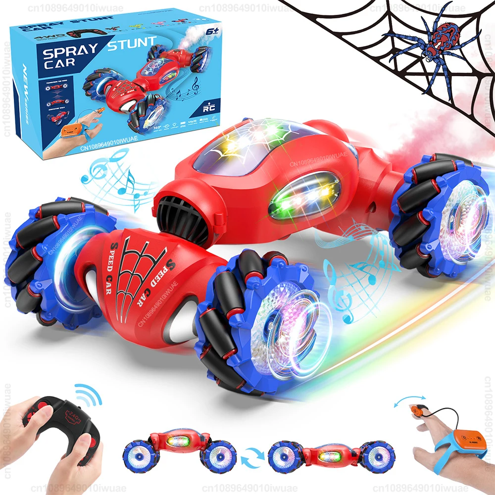 RC Stunt Car With Music Led Lights 2.4G Gesture Radio Double-sided Driving Drift Remote Control Spray Stunt Car Toys Kids Gift