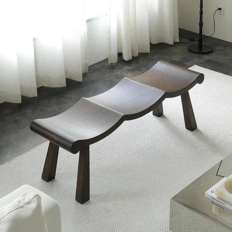 

Средневековая скамья из массива дерева, табурет для переобувания, прикроватный табурет для спальни, низкий табурет с волнистыми полосами