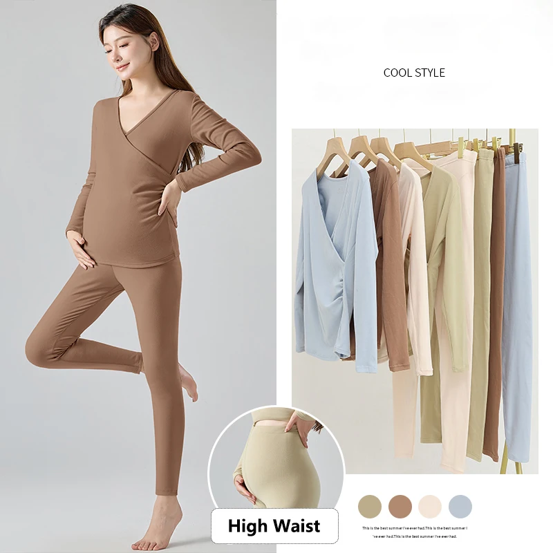 Maternity Tops Women\'s Thermal Underwear Set Winter Keep Warm Heated Thermal Suit Long Seamless Thin Postpartum Nursing Clothes