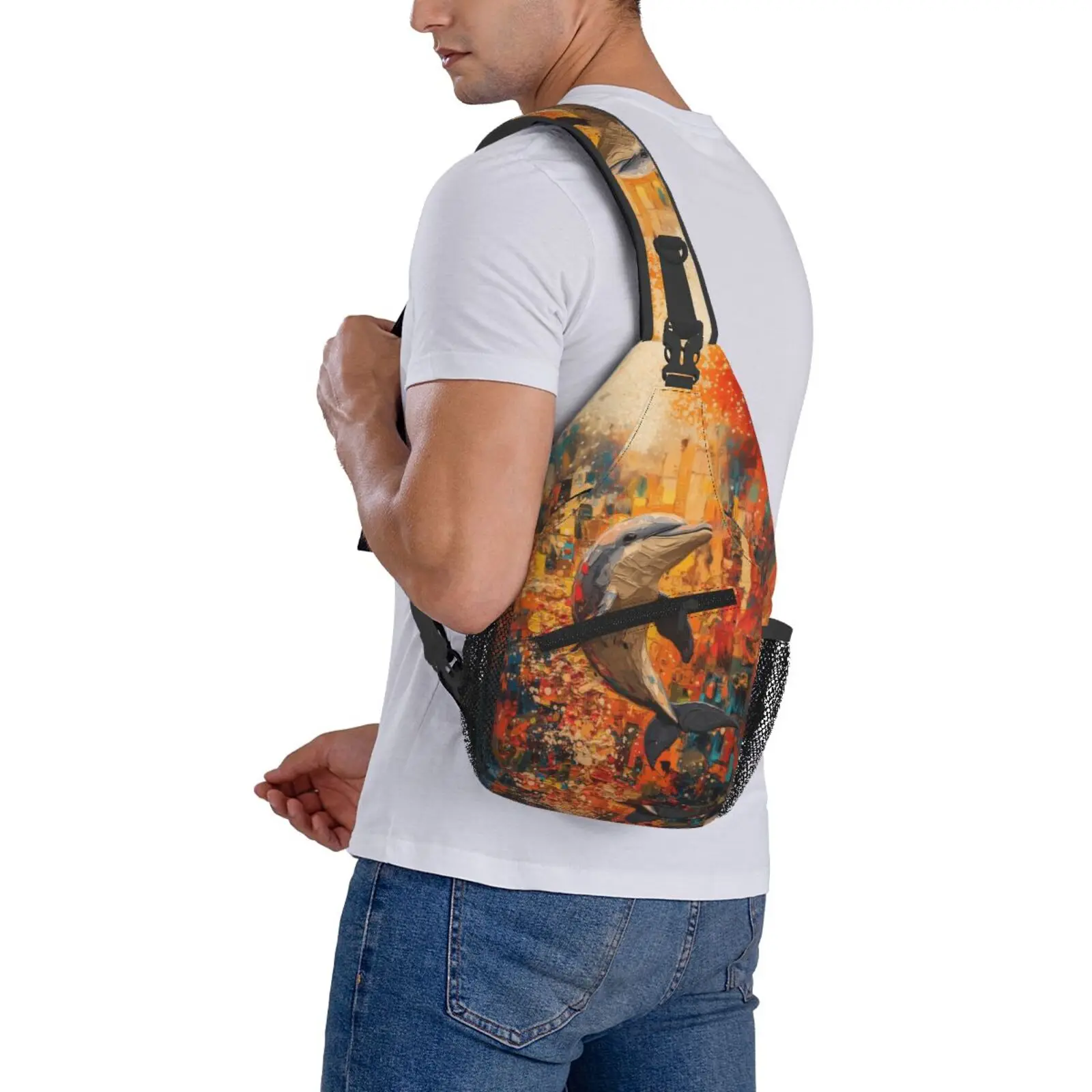 Dolphin Printing Crossbody Bag para homens, grande saco de peito, viagem, caminhadas, esportes, corrida, presentes personalizados para aniversário, bolsas de mão