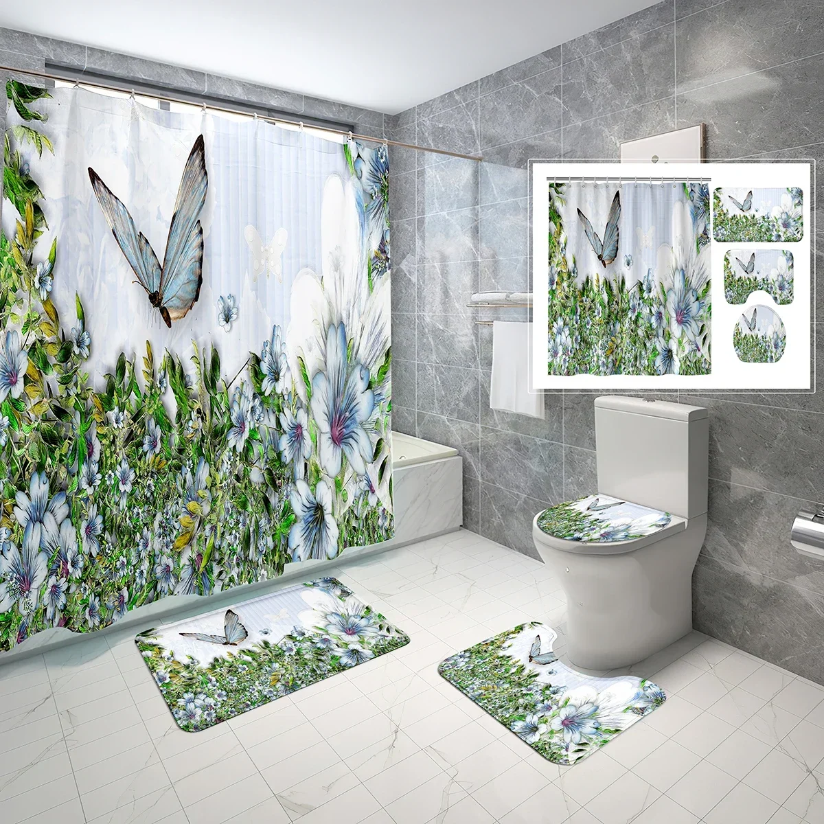 

4 Pcs Oil Painting Butterfly Shower Curtain Sets with Toilet Lid Cover and Non-slip Bath Mat Psychedelic Art Shower Curtain Set