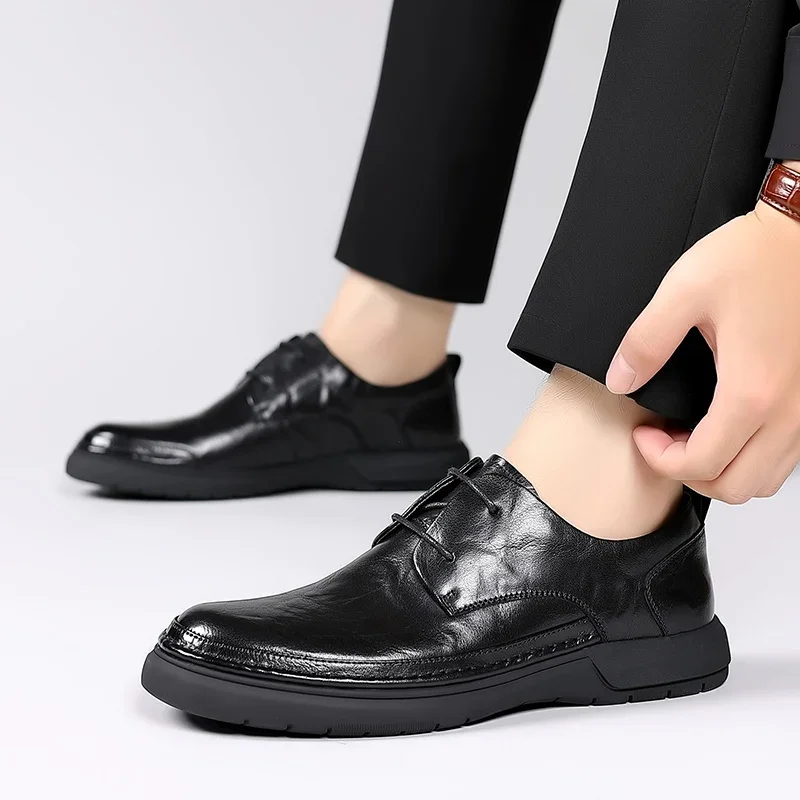 Zapatos Oxford informales de cuero marrón para hombre, mocasines de diseñador, zapatos de vestir formales de negocios, zapatos de oficina de suela gruesa de cuero para adultos