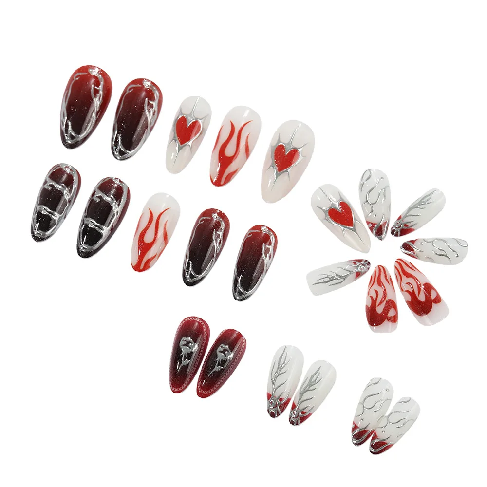 Unhas falsas 3d para o dia dos namorados, vermelho, preto, coração, dourado, prateado, dourado, moldura dourada, estrela, cobertura completa, pontas de amêndoa, imprensa em unhas falsas