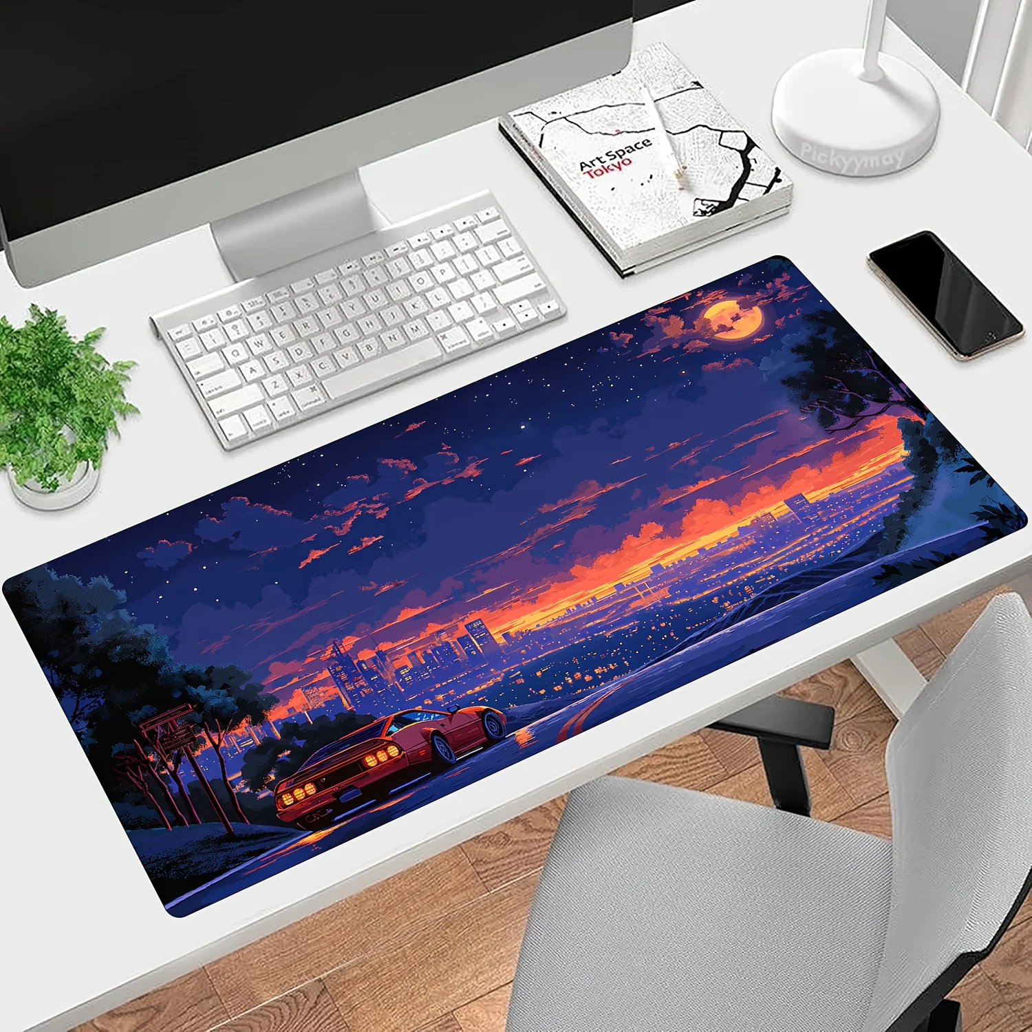 

90's Retro Pixel Synthwave Aesthetic Large Mouse Pad & Keyboard Mat, Vintage Neon Cityscape Gaming Desk Mat