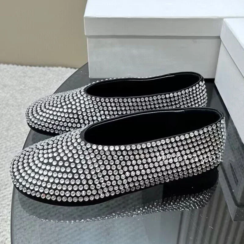 Nuevos zapatos planos decorados con cristales de malla, zapatos individuales de Color sólido para mujer, zapatos Mary Jane ligeros para vacaciones de verano, mocasines