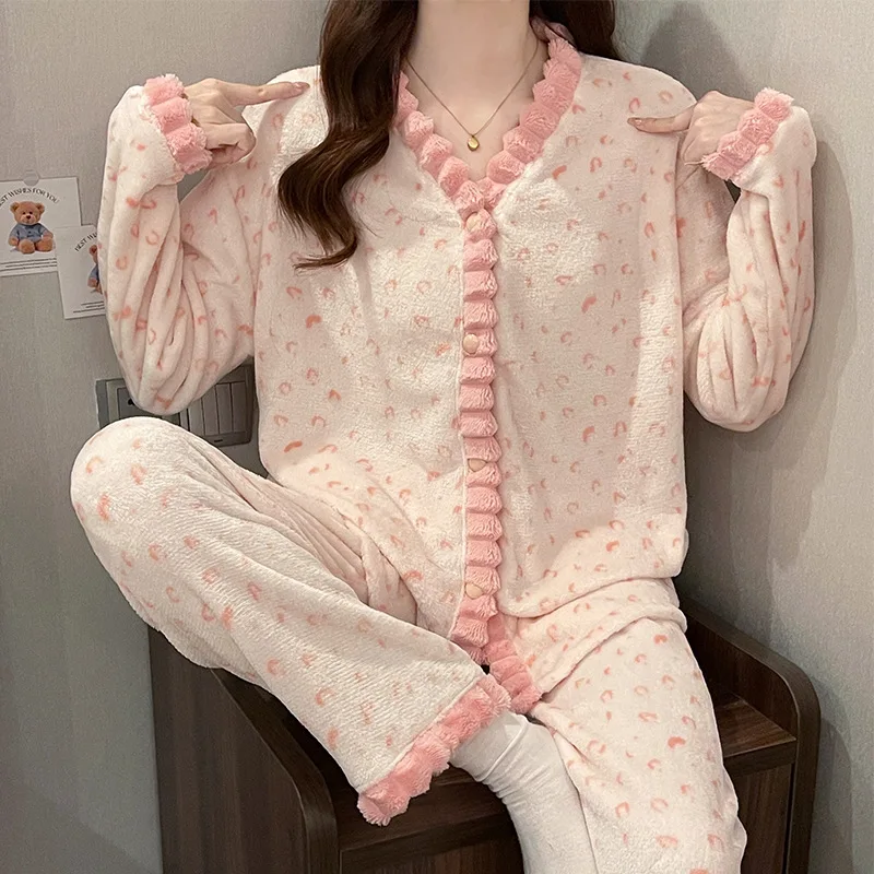 

Женский пижамный комплект из кораллового флиса, зимняя теплая одежда для сна из двух предметов на флисовой подкладке, уютные фланелевые пижамные штаны, милая домашняя одежда, домашняя одежда