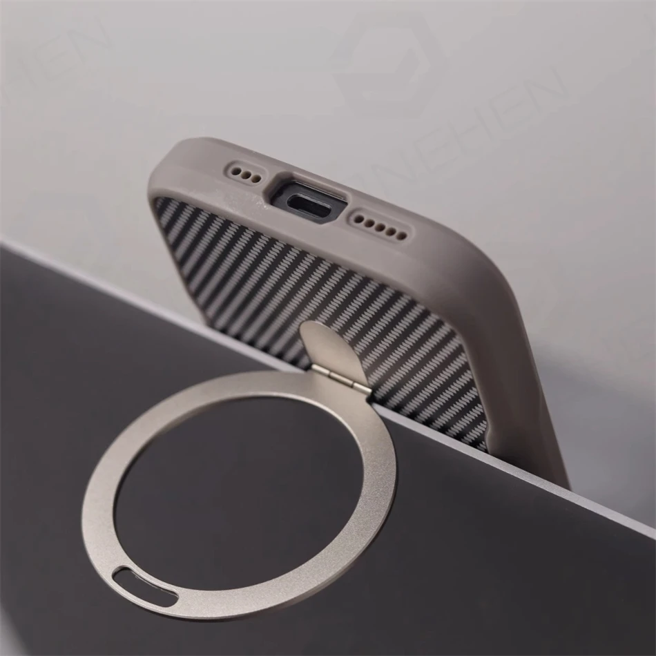 Luxury For Magsafe Shockproof Frame Armor Case For iPhone 13 15 12 14 16 17 Pro Max Metal Bracket Carbon Fiber Pattern Cover