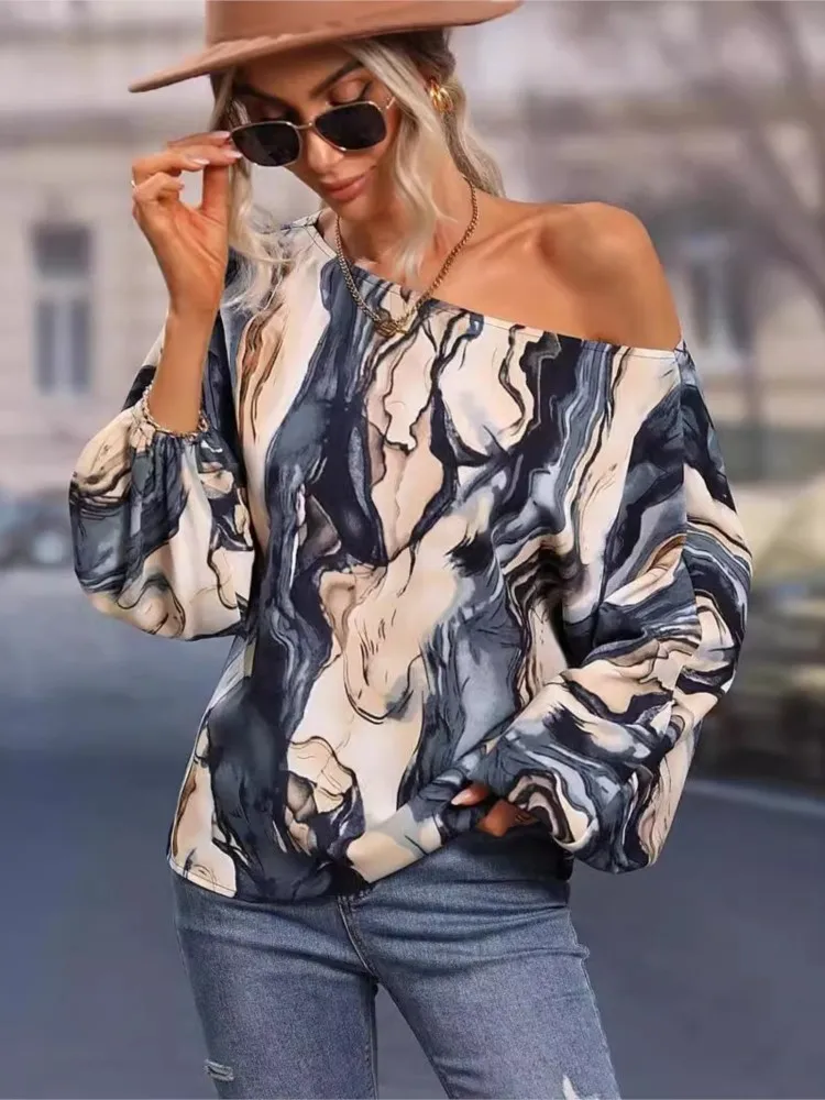 

Women's Spring Autumn New Fashion Painting Sexy One Shoulder Off Shoulder Casual Loose Lantern Sleeve Top For Women