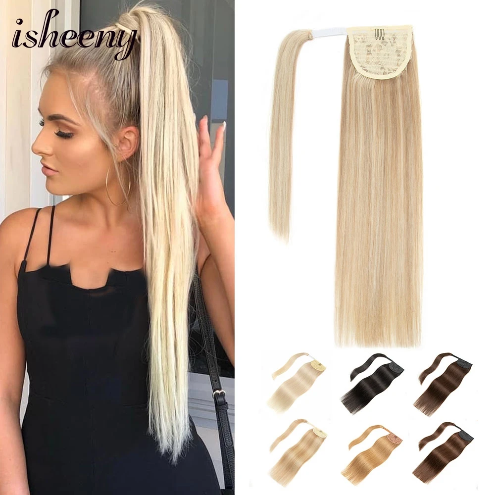 Isheeny Braziliaanse Menselijk Haar Remy Paardenstaart Extensions Straight 14 "18" 22 "Clip In Human Hair Extensions