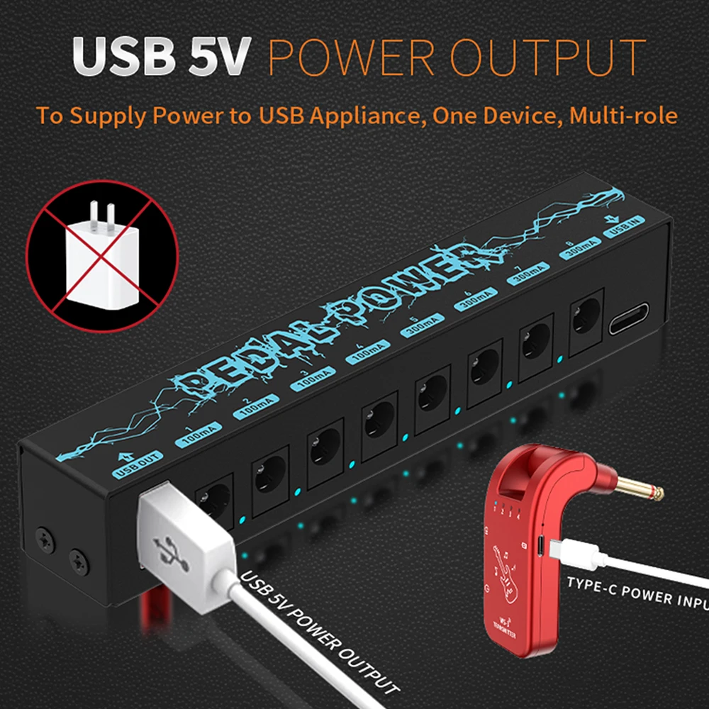 Guitar Pedals Power Supply 5V/2.1A 8 DC Output Portable Durable Pedalboard Power Supply  with USB Port Guitars Power Supply