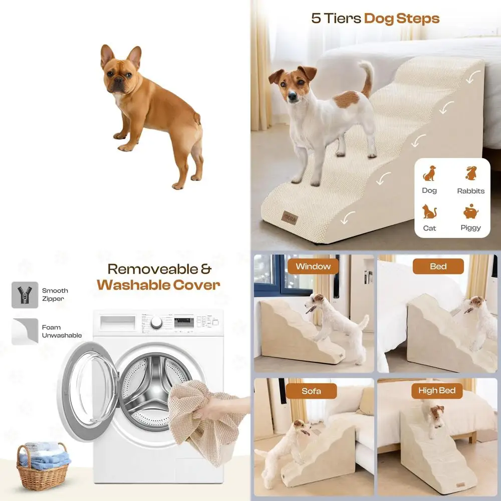 

5-Step Pet Stairs for Medium & Small Dogs, 24.5 High Bed Access, Washable Foam Ramp for Couch & Bed
