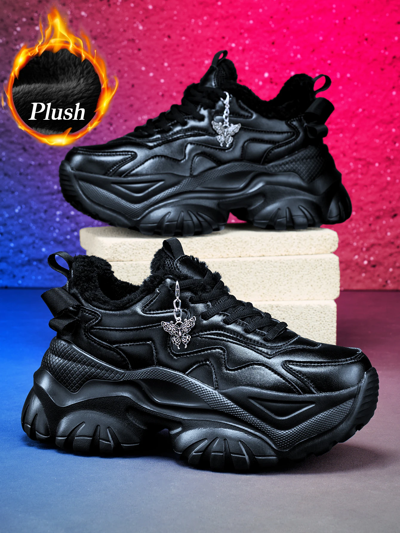 Women's Winter Outdoor Fashion Dad Shoes, Eva Lightweight Thick-Soled, 7cm Height Increase, Casual Sneakers, with Punk-Style Silver Butterfly Detachable Charm, Comfortable and Warm Black Shoes for Daily Wear
