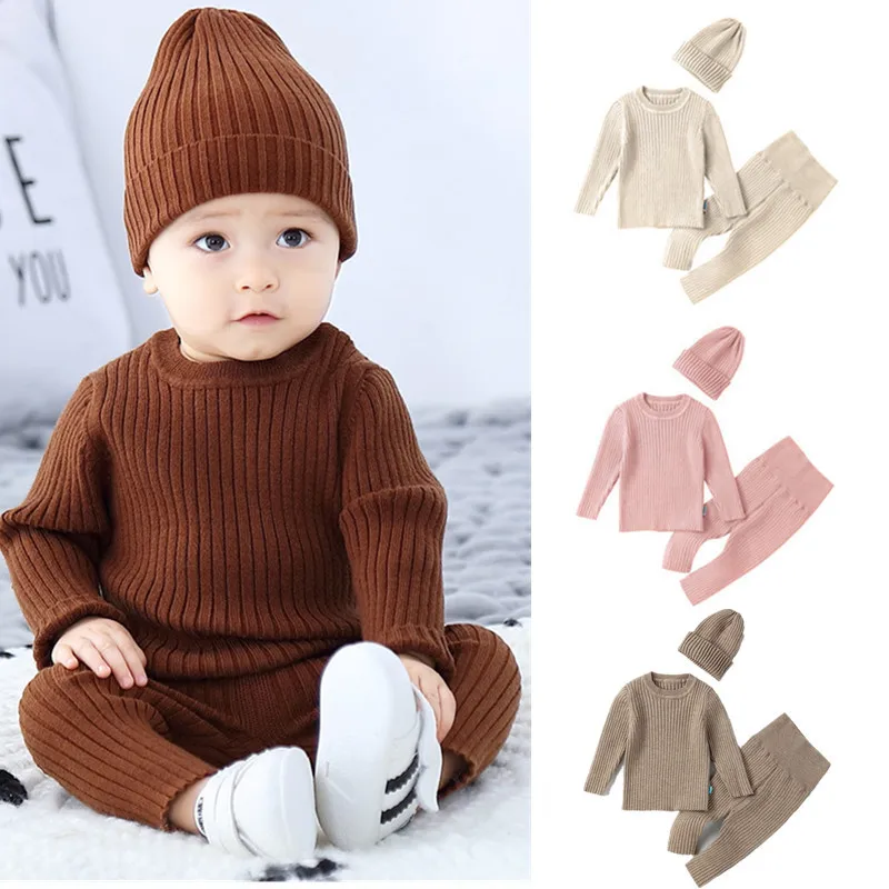 3 PCS Toddler Children's Sweater Infant Baby Boy Girl Clothes Sets Long-Sleeve Knitwear+Trousers+Hat Kids Pullover Suits