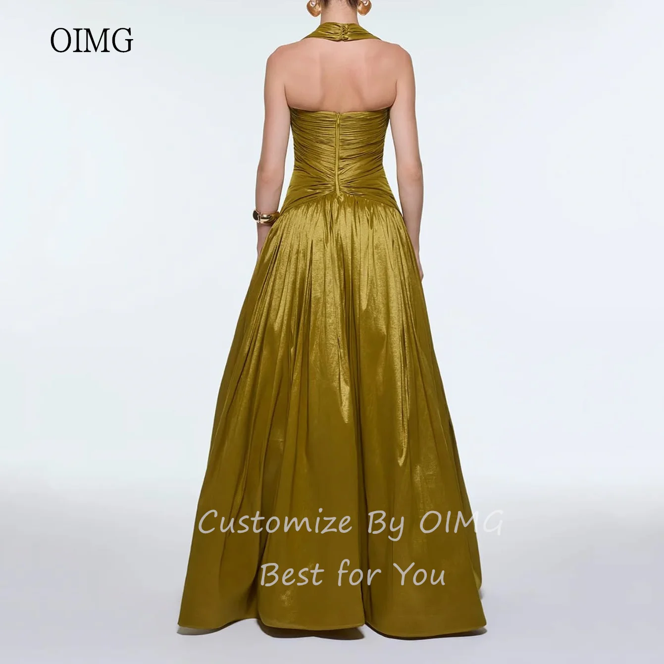 OIMG Glanzende Halter A-lijn Prom Jassen Backless Geplooide Formele Feestjurk Saudi Vloerlengte Avondjurk Aangepast