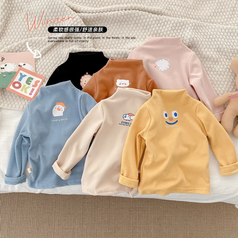 Children's Warm Developer Cotton Bottoming Shirt for Girls Boys Clothing Solid Color Baby Kids Long-sleeved Pullover Tops