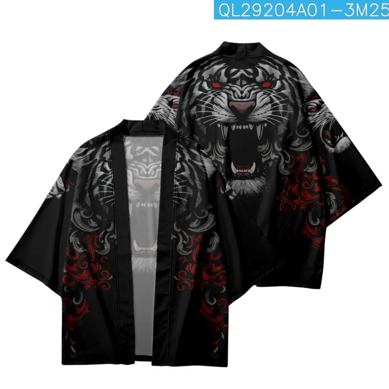 Summer Japanese Loose Harajuku Cartoon Tiger Printed Black Kimono Cardigan Cropped Pants Women Men Cosplay Yukata