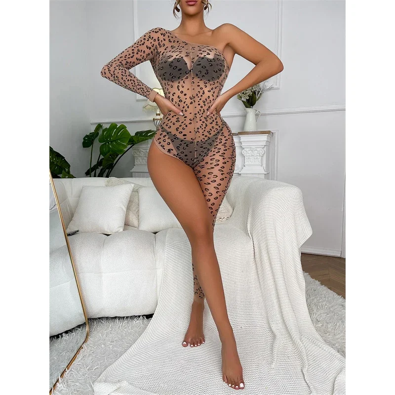 Lencería Sexy asimétrica para mujer, Camisón con estampado de leopardo, medias de cuerpo, nalgas abiertas, ropa interior