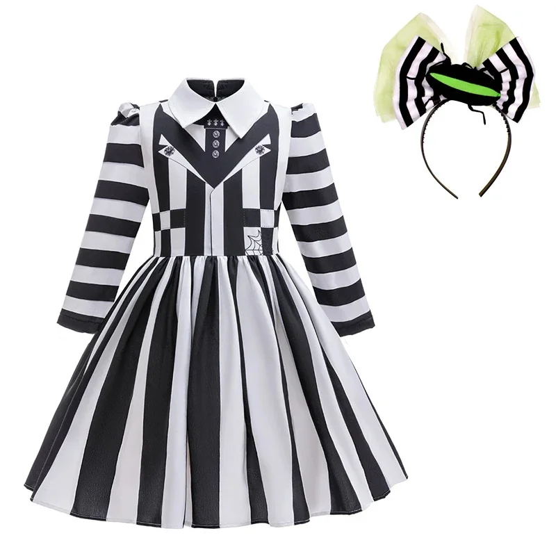 Meninas do bebê de volta à escola temporada vestido formal princesa vestido de aniversário crianças carnaval halloween preto e branco listra traje