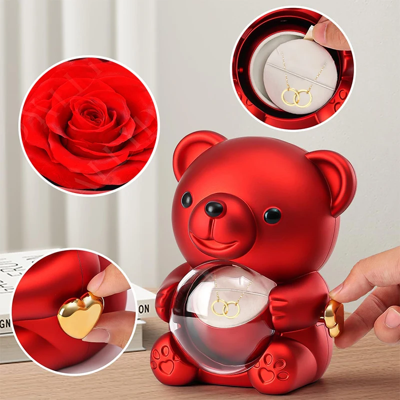 Red Eternal Rose Teddy Bear with Stainless Steel Custom Names Necklace Jewelry Gifts Set for Woman Mother's Day Gift