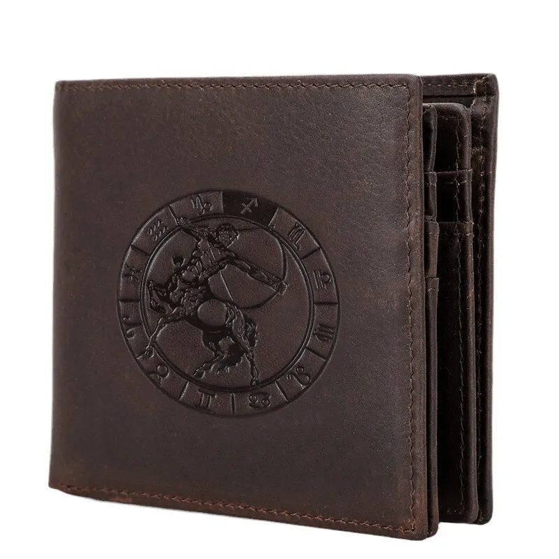 British Style Crazy Horse Anti Theft Brush 12 Constellation Chart  Horizontal Men's Leather Wallet Coin Purse Holder Men Wallets