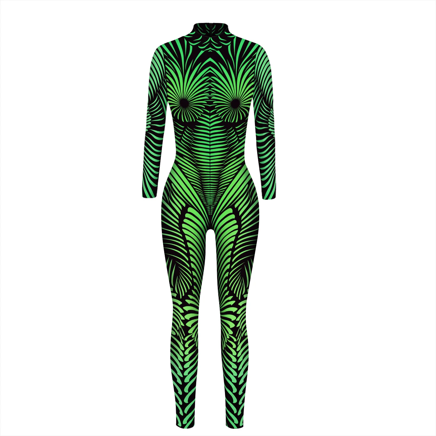 Women Multicolour Skeleton Printed Costume Front Zipper Zentai Bodysuit Onesie Halloween Party Jumpsuits Carnival Holiday Outfit