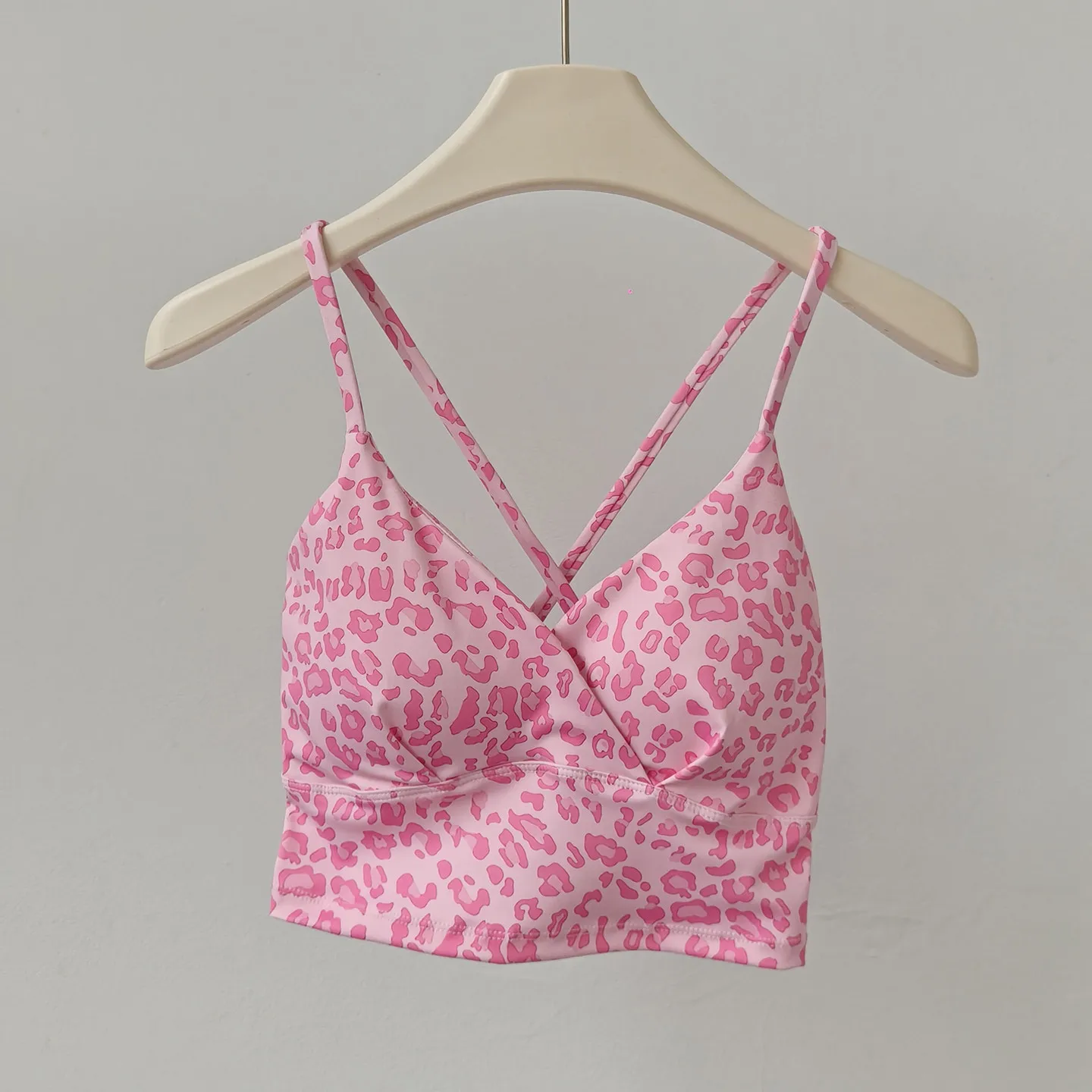 Damen V-Ausschnitt Einteiliger Yoga-BH mit festen Cups, stoßfest, Push-Up, sexy bedruckter Fitness-Pilates-Sport-BH – Detail 3