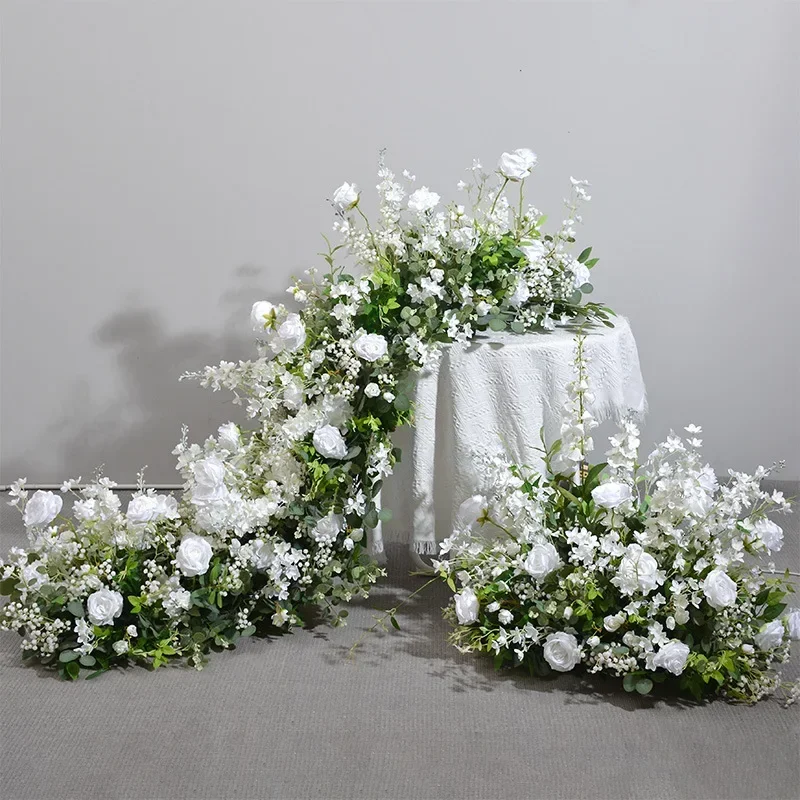 White Green Artificial long Runner Flower Row Wedding Decoration Table Centerpiece Flower Ball High Floor Flower Row Party Decor