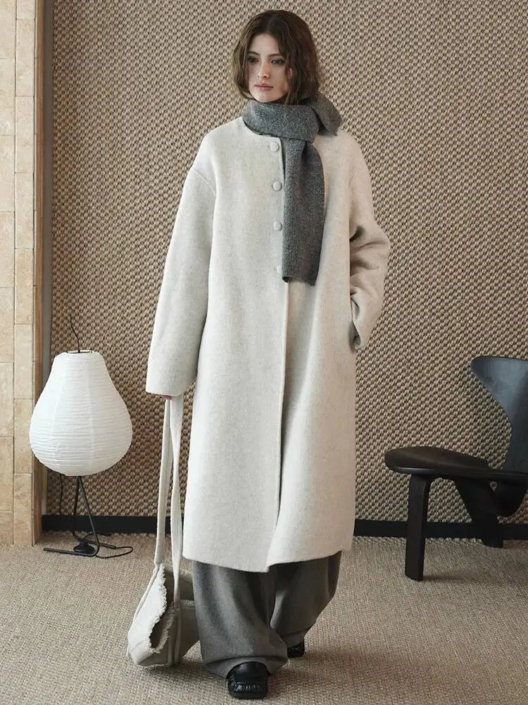 HUISONG الشوفان اللون 70% الصوف حجم كبير معطف الصوف الدافئ جديد س الرقبة طويلة الأكمام المرأة سترة موضة المد الخريف الشتاء 2025 ycescj