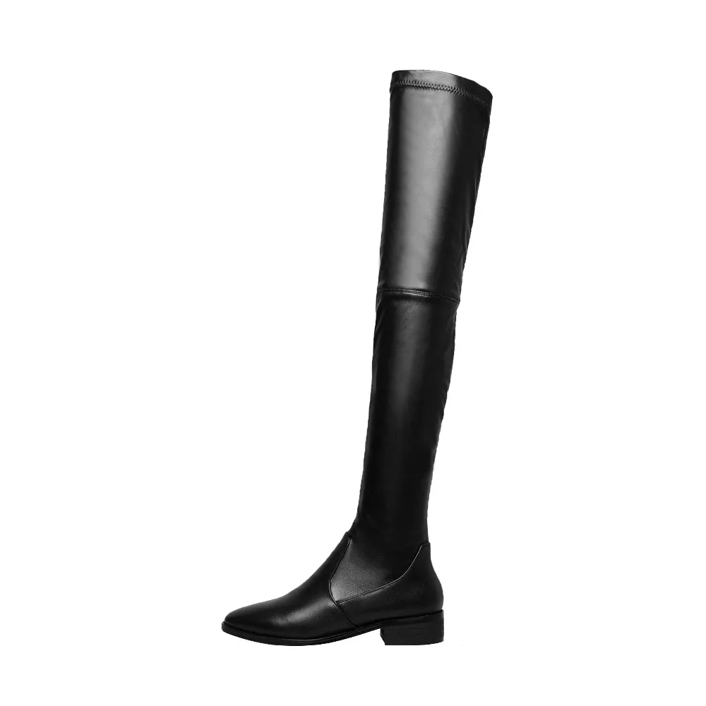 Krazing Pot 2025 Big Size 42 Cow Leather Flock Round Toe Stretch Over-the-knee Boots Thick Heels Solid Thin Leg Thigh High Boots