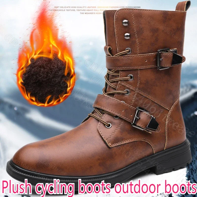 Plush riding boots outdoor boot oversized retro toe denim style long tube warm non slip rubber sole sizes 45-48 botas motocross