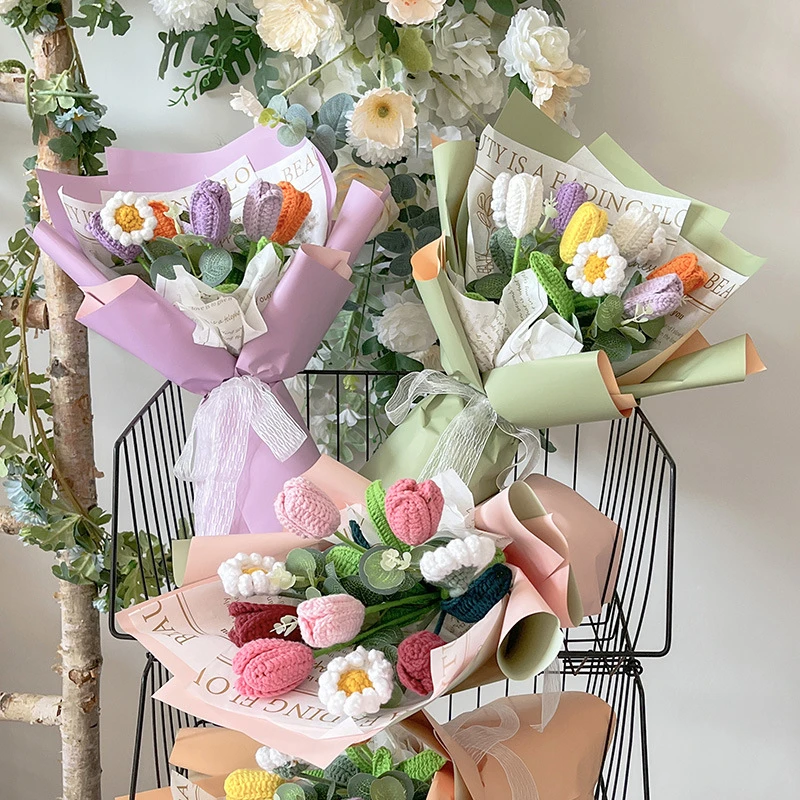 New Handmade Creative Woven Simulation Tulip Mix And Match Bouquet Finished Exquisite Packaging Eternal Flower Gift