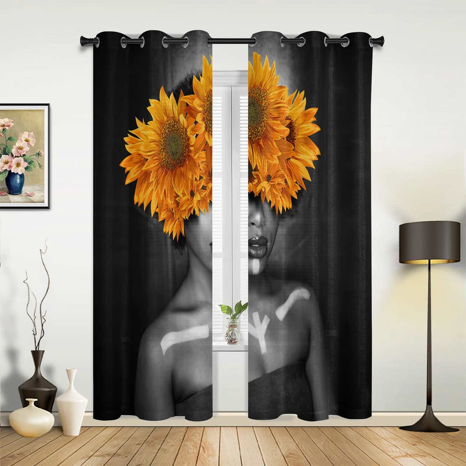 Black Girl Sunflower Window Curtains In The Living Room Printed Window for Bedroom Kitchen Window Curtains Hotel Drapes