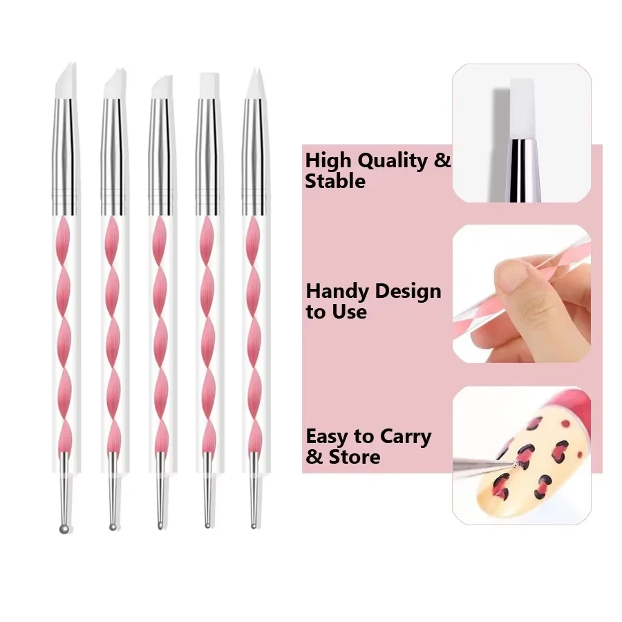 5Pcs/Set Silicone Point Flower Nail Pen 2 Way Nail Art Acrylic Stainless Steel Dotting Tools Marbleizing Painting Pens