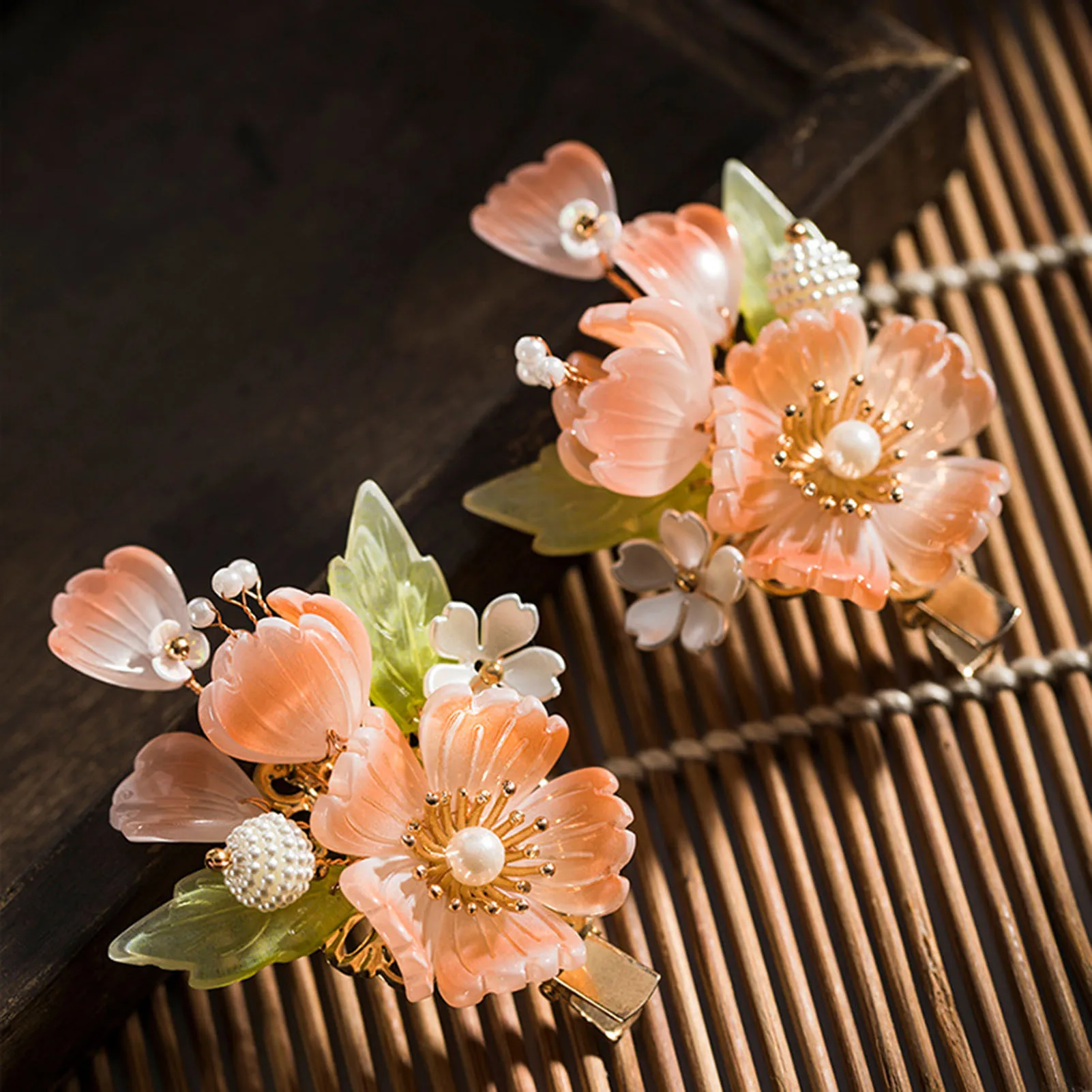 Girls Retro Haie Clip 2pcs Pearl Hairpin Chinese Coral Flower Headdress For Hanfu Dress Vintage Alloy Pink Floral Hair Jewelry