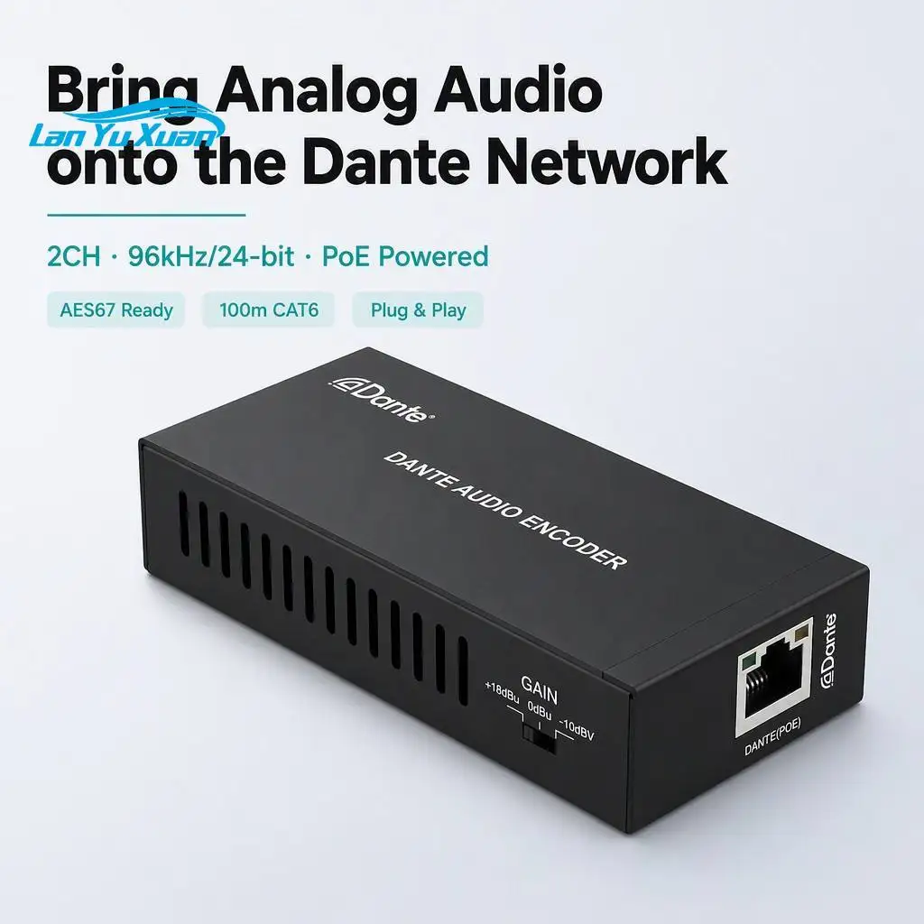 Dante 2CH Analog Audio Encoder Decoder Kit AES67 96kHz 24bit POE Audio Over IP Converter for Conference Room Broadcasting