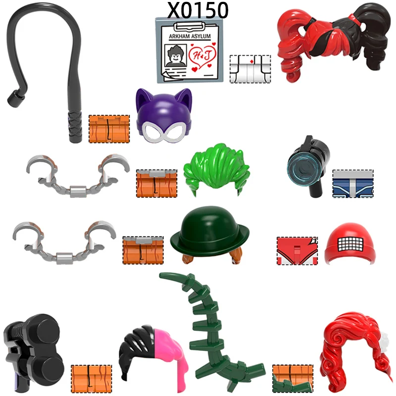 Conjunto de Blocos de Montar MOC X0150: Peças de Armas, Calças, Acessórios de Cabelo, Figuras de Ação, Chicote, Capa, Pasta, Algemas - Presentes e Brinquedos