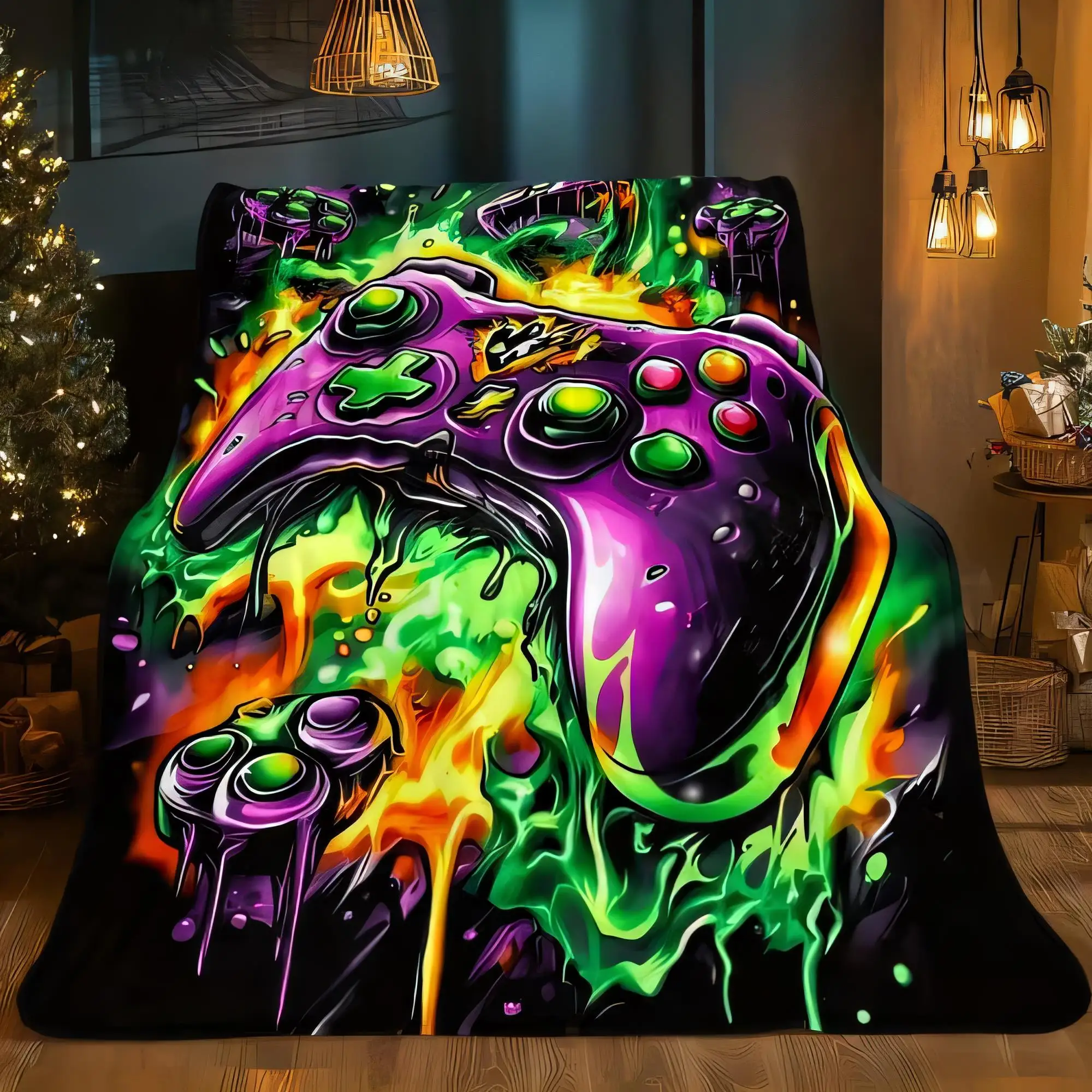 Lebendige Gamer-Decke mit riesiger violetter Xbox-Controller-Grafik, tropfende Energieeffekte in Grün und Orange, gemütliches warmes Wohnzimmer