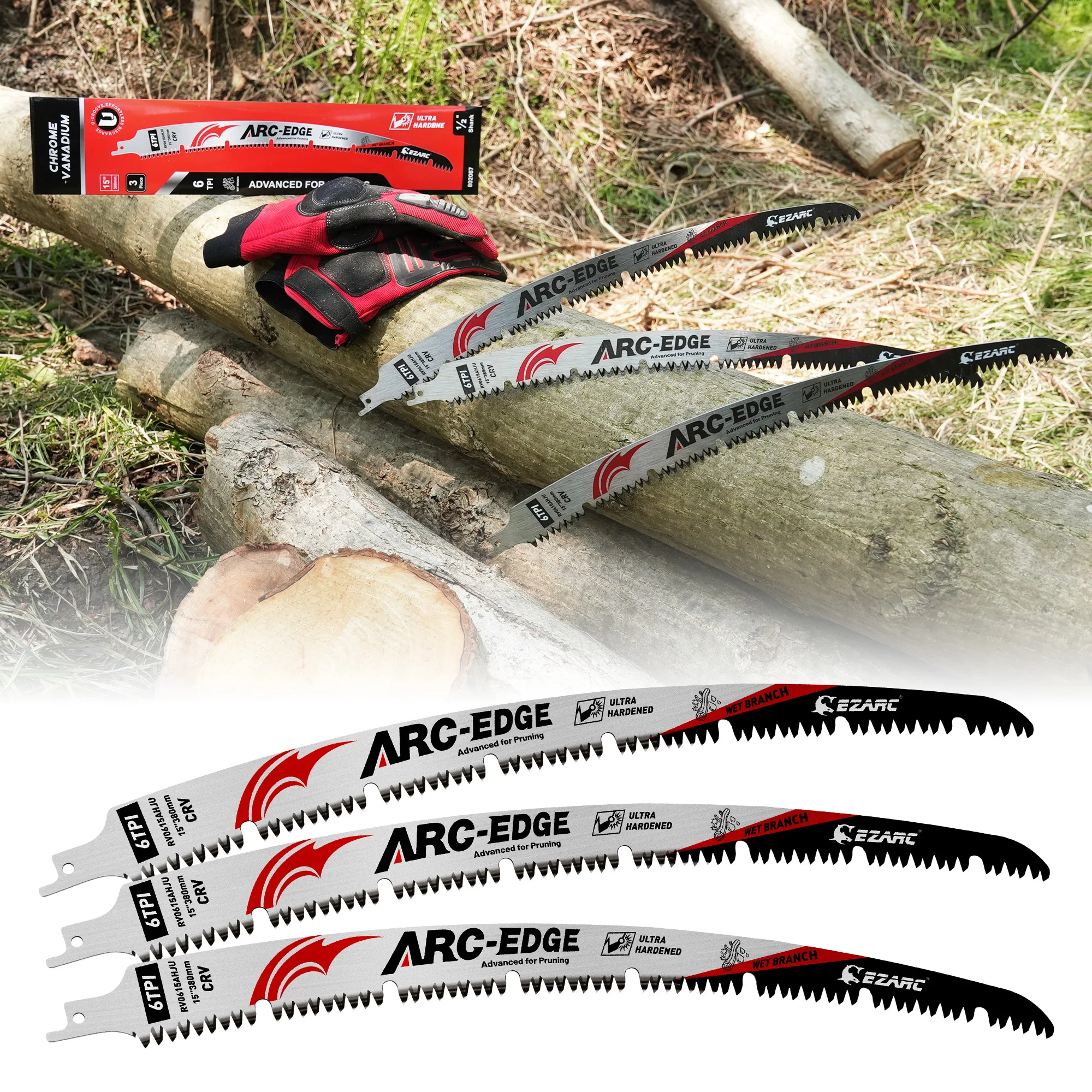 EZARC 3PC 12''/15'' Wood Pruning Reciprocating Saw Blades 6TPI Extra-Long Arc Edge U-Groove Chip Removal for Wood/Tree Trimming