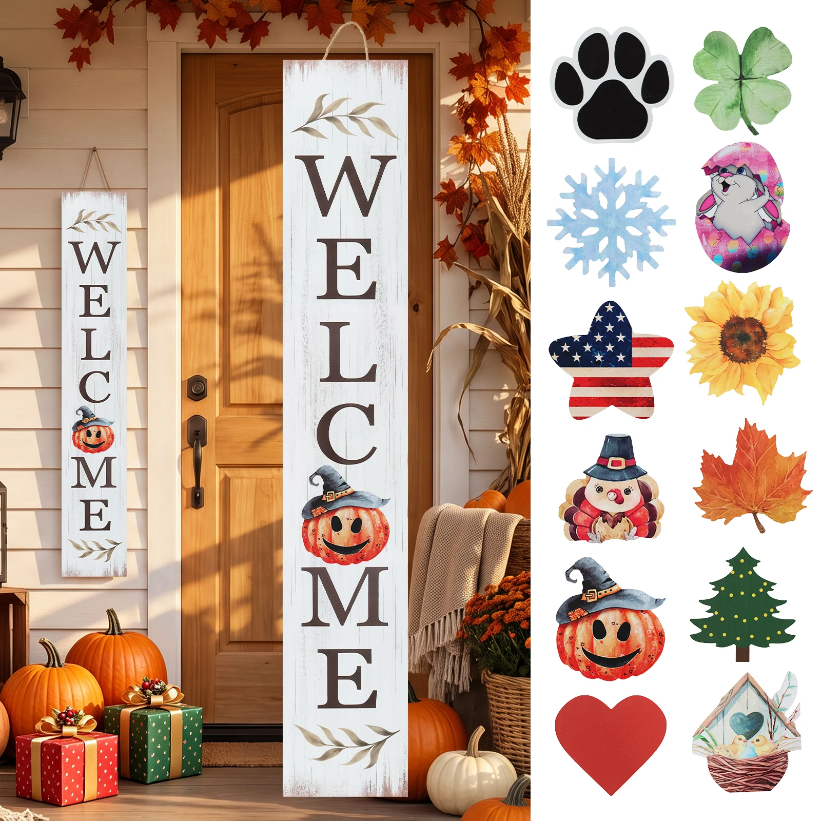 Perfnique Welcome Sign Front Porch Standing Interchangeable Wooden Sign Seasonal Decor for Spring Easter Fall ChristmasHalloween