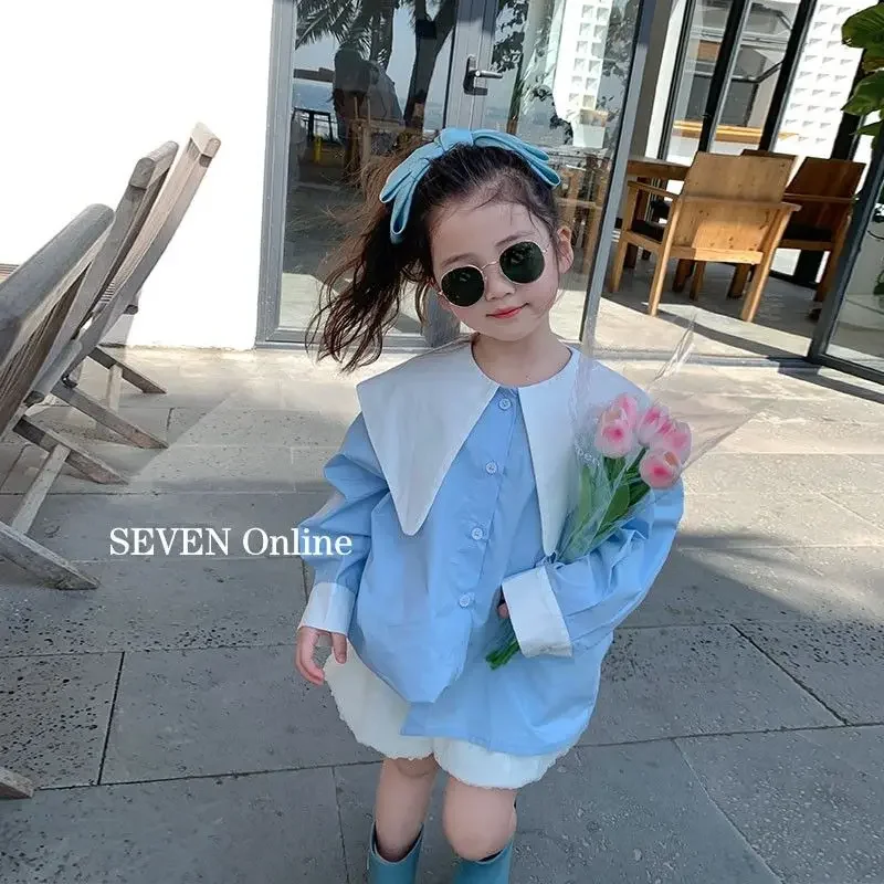 Girls\' Korean-Style Stitching Contrast Color Shirt 2023 Spring New Children Fashionable Stylish Polo Collar Top