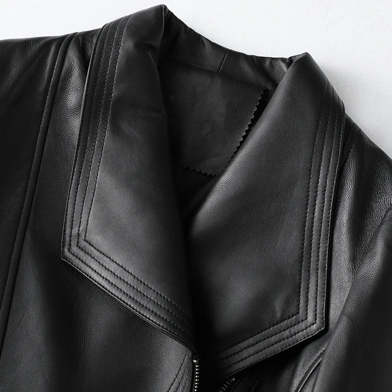 Veste de moto en cuir pour femme, manteau en cuir véritable, peau de mouton naturelle, noir, vêtement d'extérieur court de printemps