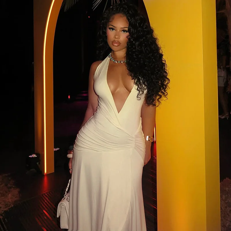 Elegante abito da festa di compleanno per le donne Halter profondo scollo a V Backless orlo irregolare Slim Fit Mesh Patchwork stile vacanza Look nuovo