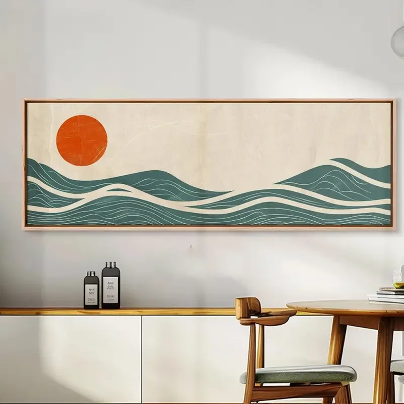 1pc Minimalist Sunset Canvas Art Print - Long Horizontal Ocean and Sun Design, Blue and Orange Waves, Frameless, Ideal for Beach