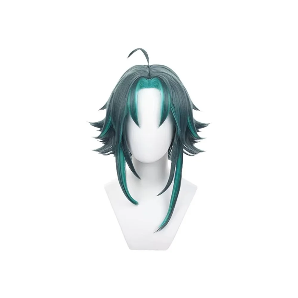 Dark Green Short Cosplay Wig Anime Spiky Hair With Ahoge Teal Highlights For Men Women Game Character Halloween Costume