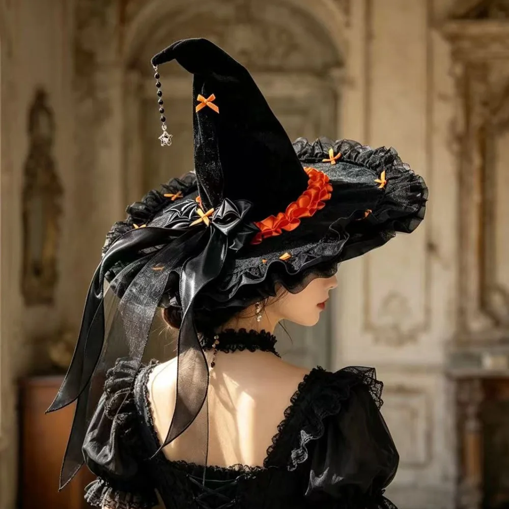 

Halloween Witch Hat Gothic Dark Bow Cosplay Wizard Hat for Women Carnival Dress Up Party Costume Head Accessories Props