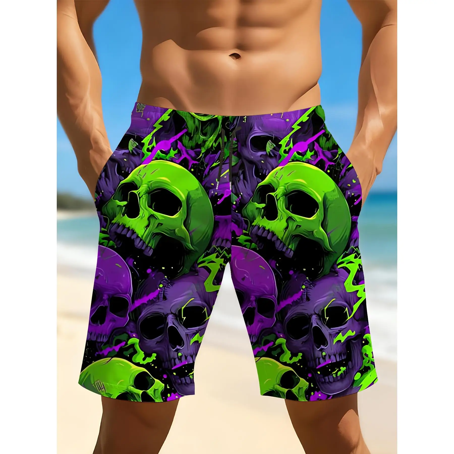 

Мужские быстросохнущие плавки с 3D принтом черепа — легкие пляжные шорты с карманами на шнурке, подходящие для серфинга