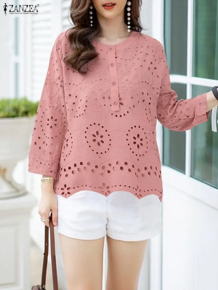 Stylish Autumn Hollow Out Blouse 2025 ZANZEA Women Embroidered Tops Elegant O Neck Long Sleeve Office Shirt Solid Buttons Blusas