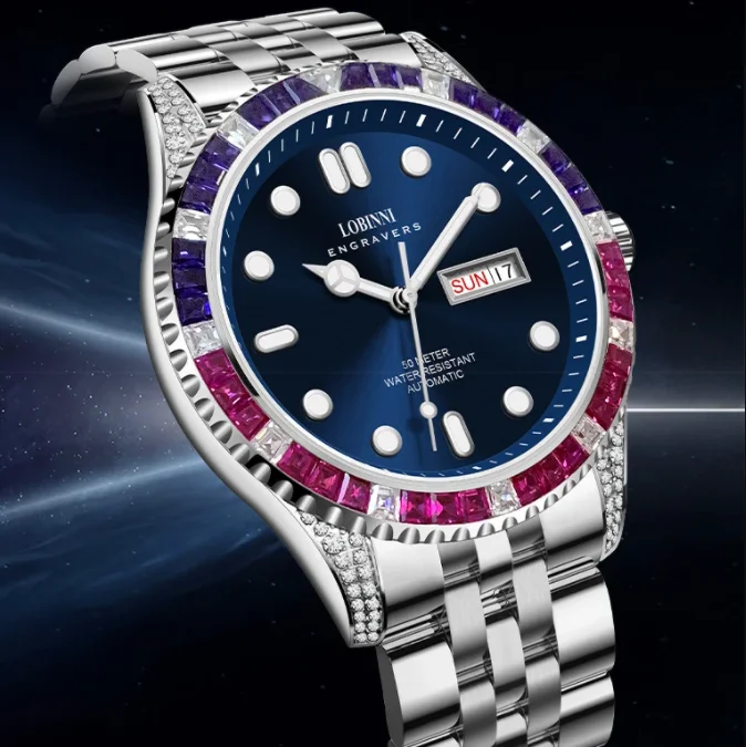 

LOBINNI мужские автоматические часы 42,5 мм роскошные механические наручные часы с сапфировым стеклом светящийся двойной календарь недели дата бриллиантовый безель