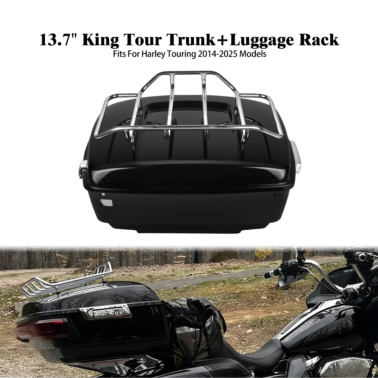 

13.7" King Tour Trunk + Luggage Rack Rear Top Bags Box With Latches Motorcycle For Harley Touring Road Street Glide FLHX 24-2025